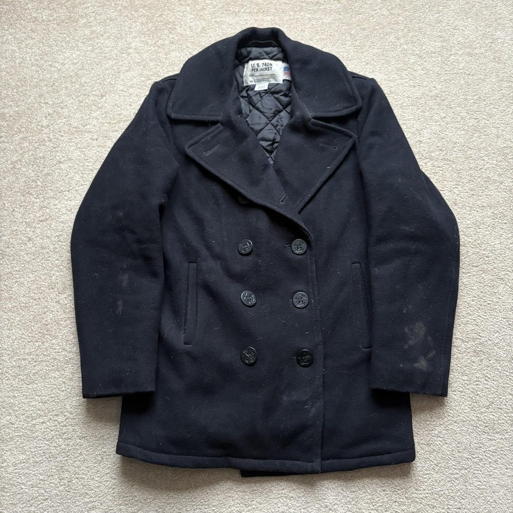 Schott U.S. 740N Pea Coat Mens 38 Navy Wool Blend Double Breasted Made USA